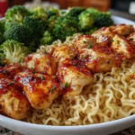 Spicy Garlic Chicken and Broccoli Noodle Bowls with sautéed chicken pieces, broccoli florets, and curly noodles