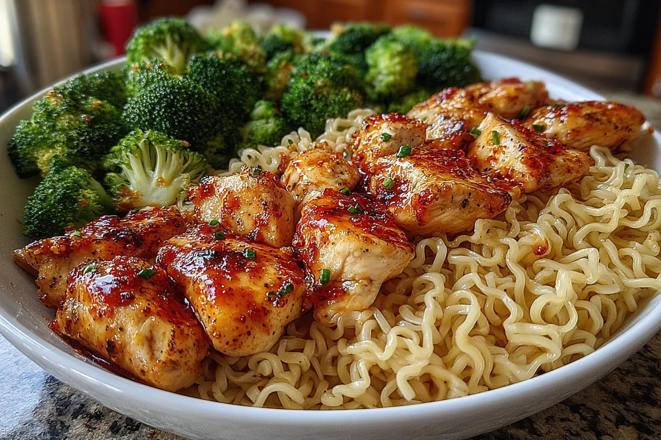 Spicy Garlic Chicken and Broccoli Noodle Bowls with sautéed chicken pieces, broccoli florets, and curly noodles