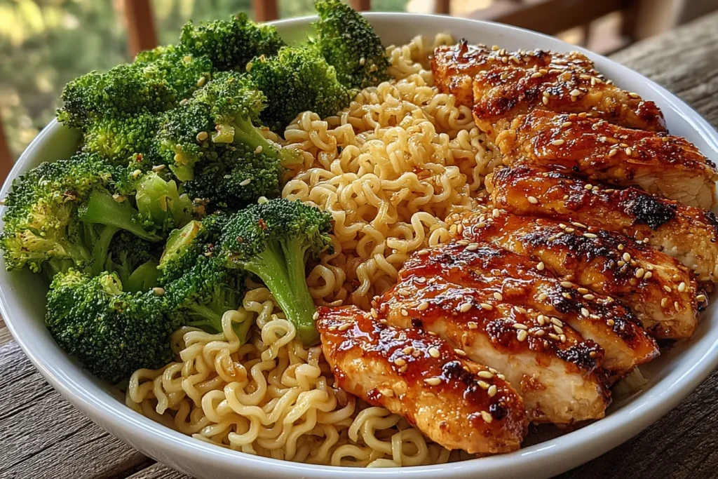 Spicy Garlic Chicken and Broccoli Noodle Bowls with tender glazed chicken, steamed broccoli, and noodles in a white bowl
