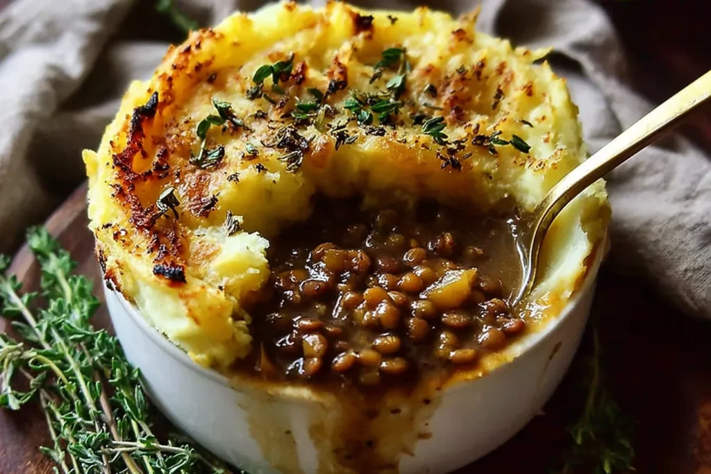 French Onion Shepherd's Pie with Lentils & Cauliflower Potato Mash in a ramekin, with a spoon revealing the rich lentil-onion gravy beneath the golden mash.