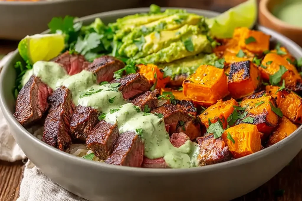 Steak and Sweet Potato Bowls with Avocado-Cilantro Drizzle topped with juicy steak, roasted sweet potatoes, avocado slices, and creamy green sauce
