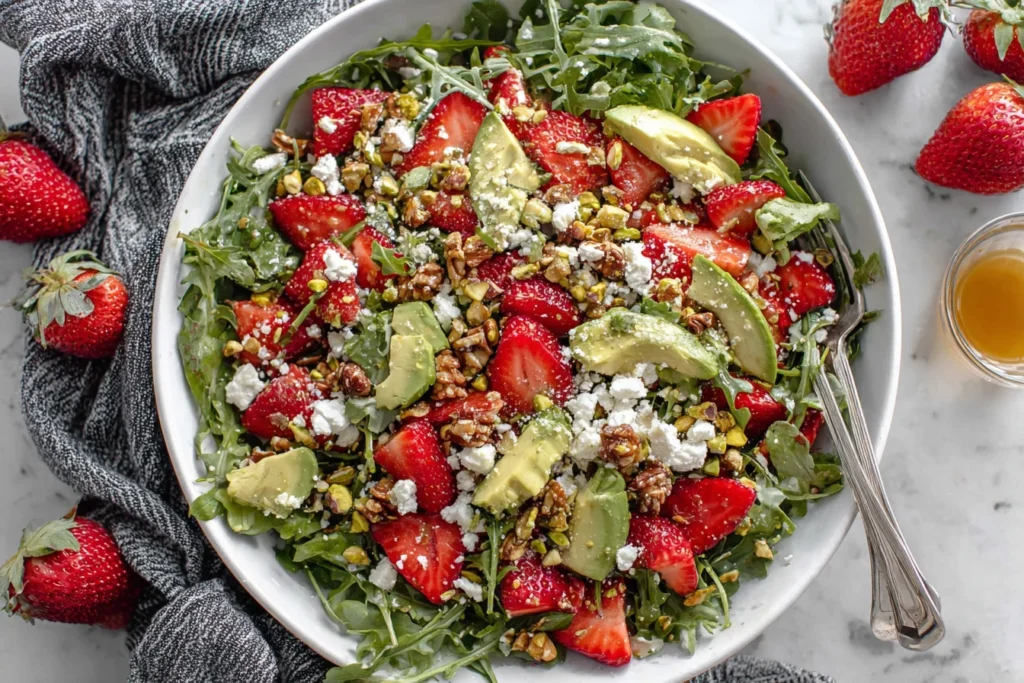 Strawberry Crunch Salad with Champagne Vinaigrette served with pistachios, pecans, and fresh greens