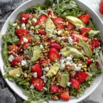 Strawberry Crunch Salad with Champagne Vinaigrette served with pistachios, pecans, and fresh greens