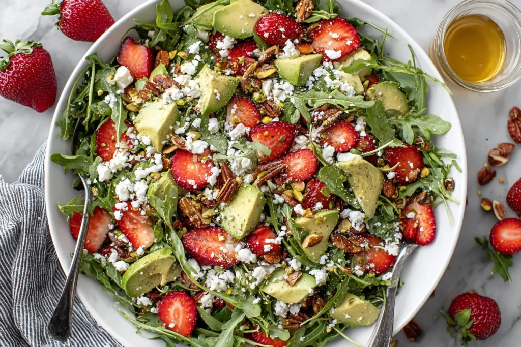 Strawberry Crunch Salad with Champagne Vinaigrette topped with avocado, goat cheese, and candied nuts