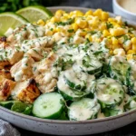 Street Corn Creamy Cucumber Chicken Salad topped with grilled chicken, corn, cucumbers, and creamy herb dressing