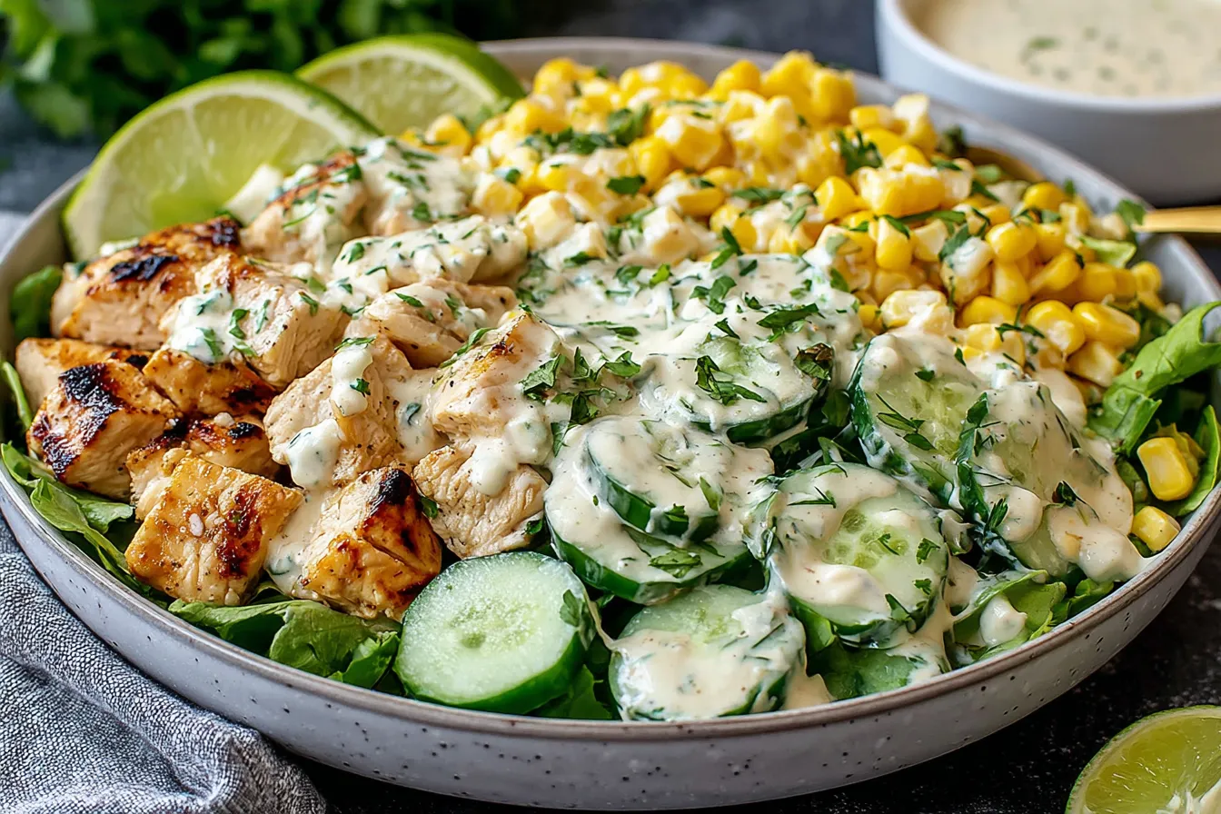 Street Corn Creamy Cucumber Chicken Salad topped with grilled chicken, corn, cucumbers, and creamy herb dressing