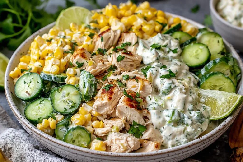 Street Corn Creamy Cucumber Chicken Salad with grilled chicken, corn, cucumber, and creamy lime dressing in a fresh summer bowl