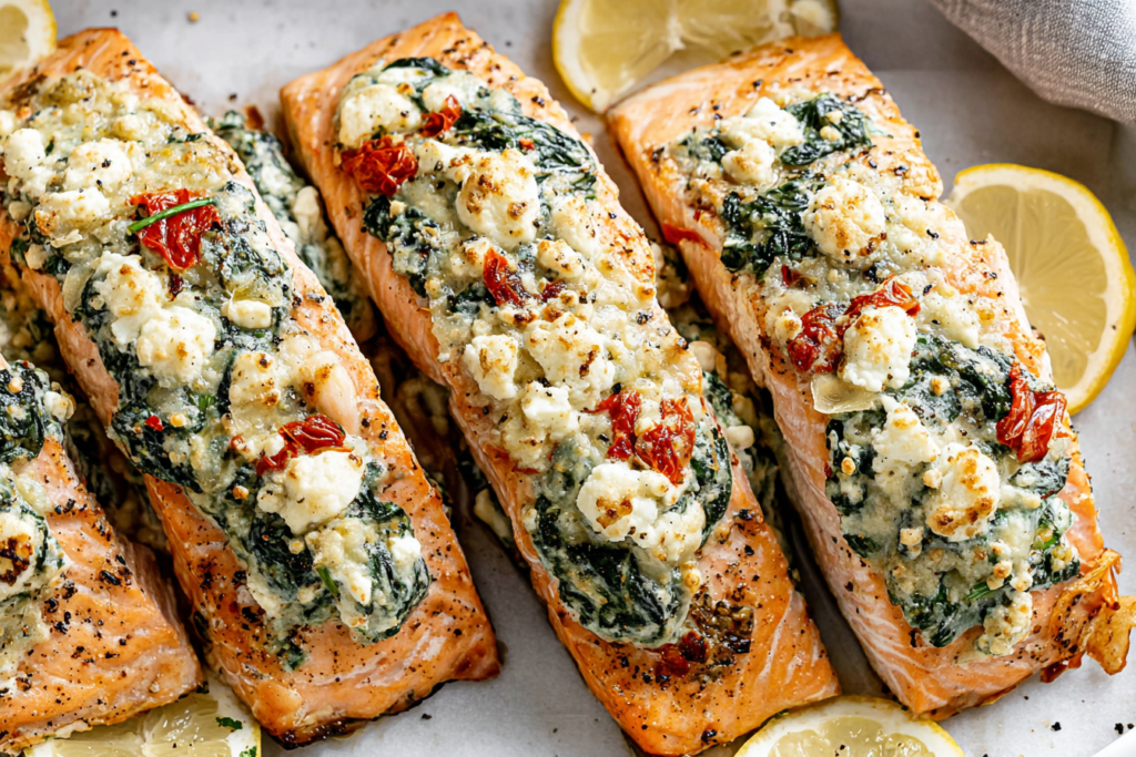 Stuffed Salmon With Spinach & Feta baked fillets topped with creamy feta, spinach, and roasted red peppers served with lemon slices