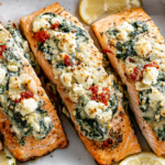 Stuffed Salmon With Spinach & Feta baked fillets topped with creamy feta, spinach, and roasted red peppers served with lemon slices