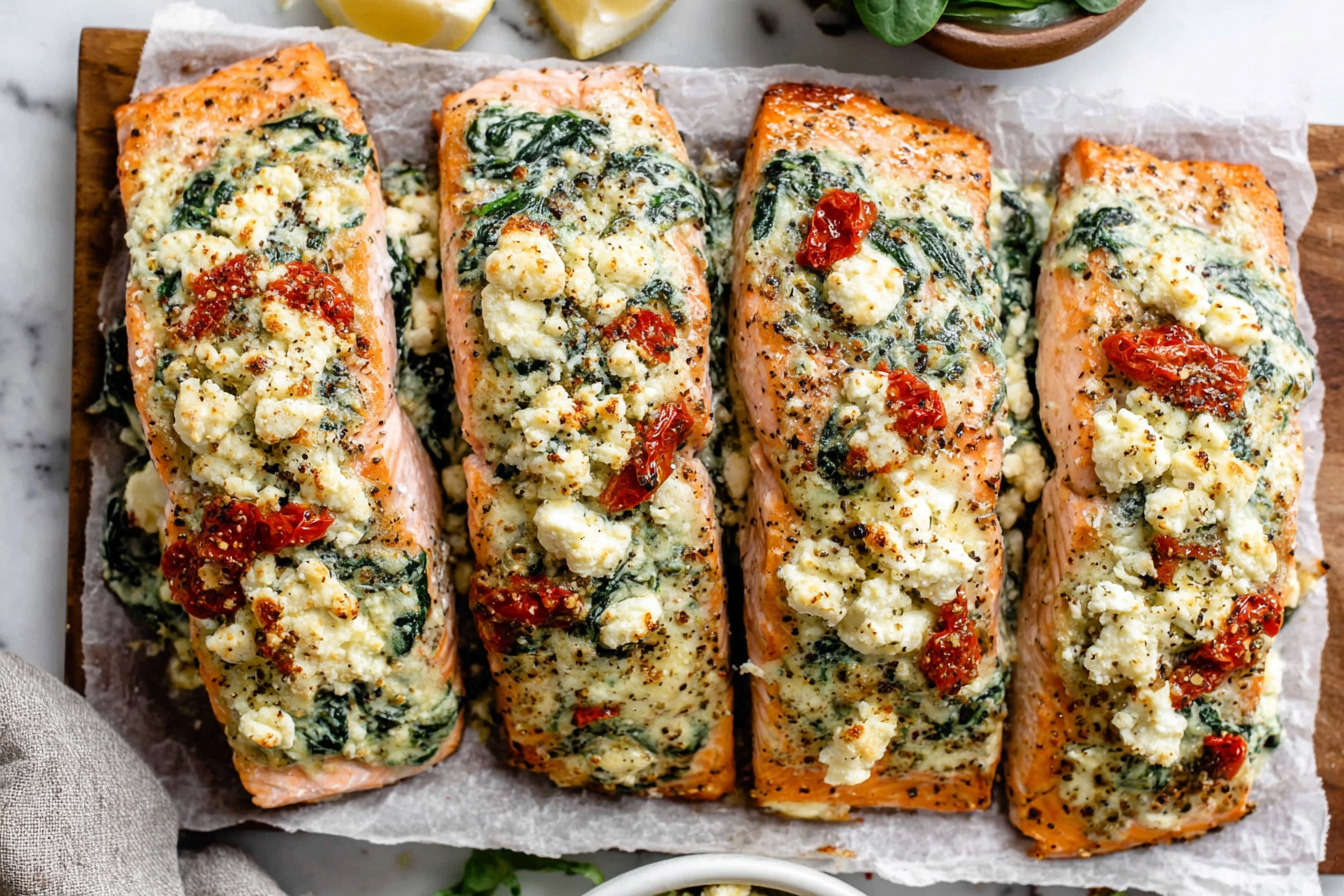 Stuffed Salmon With Spinach & Feta oven baked salmon fillets with creamy spinach feta filling and sun dried tomatoes