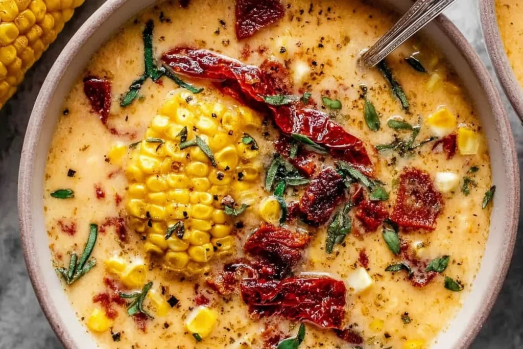 Close-up of creamy Sun Dried Tomato Corn Chowder with sweet corn, herbs, and rich sun-dried tomatoes in a warm bowl