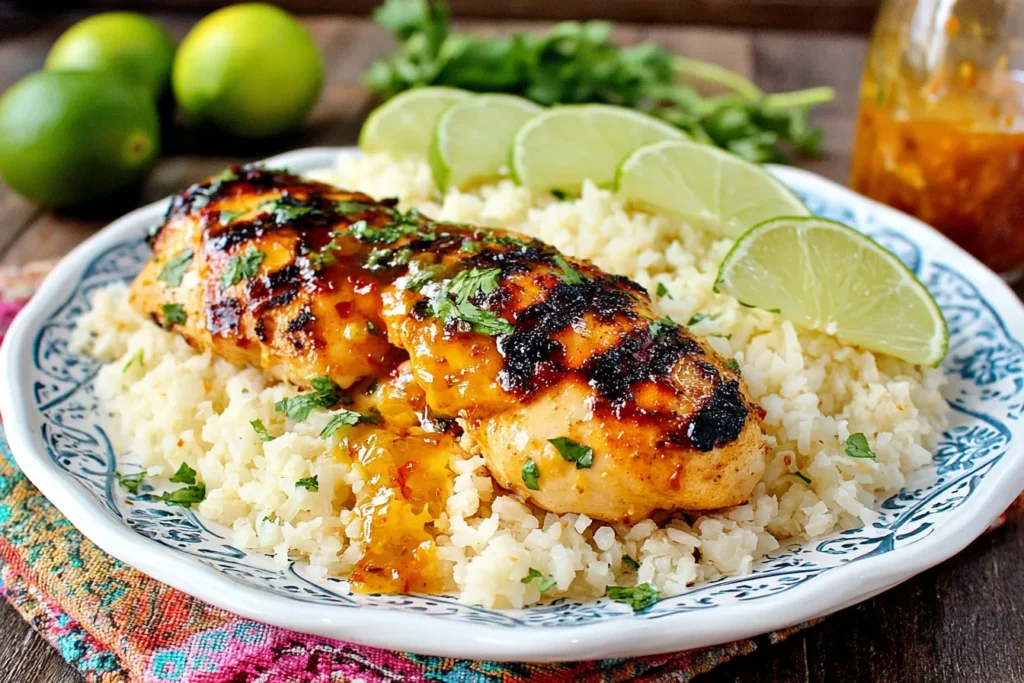 Sweet Chili Coconut-Lime Grilled Chicken with cauliflower rice, lime wedges and fresh cilantro