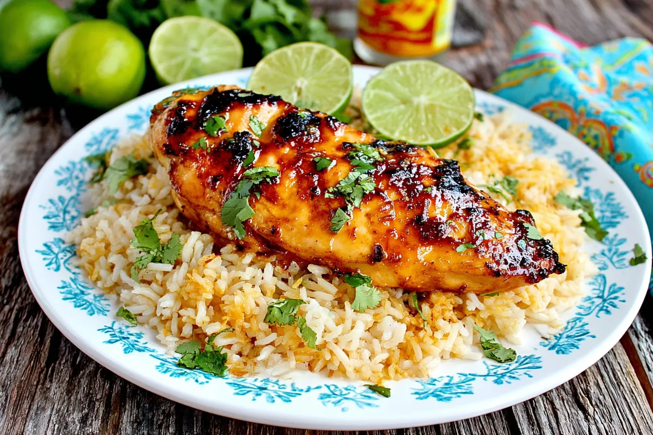 Sweet Chili Coconut-Lime Grilled Chicken served over rice with fresh lime slices and cilantro