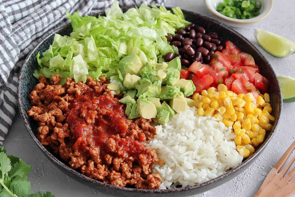 Taco Lunch Bowls with turkey, rice, black beans, corn, and fresh toppings in a black bowl