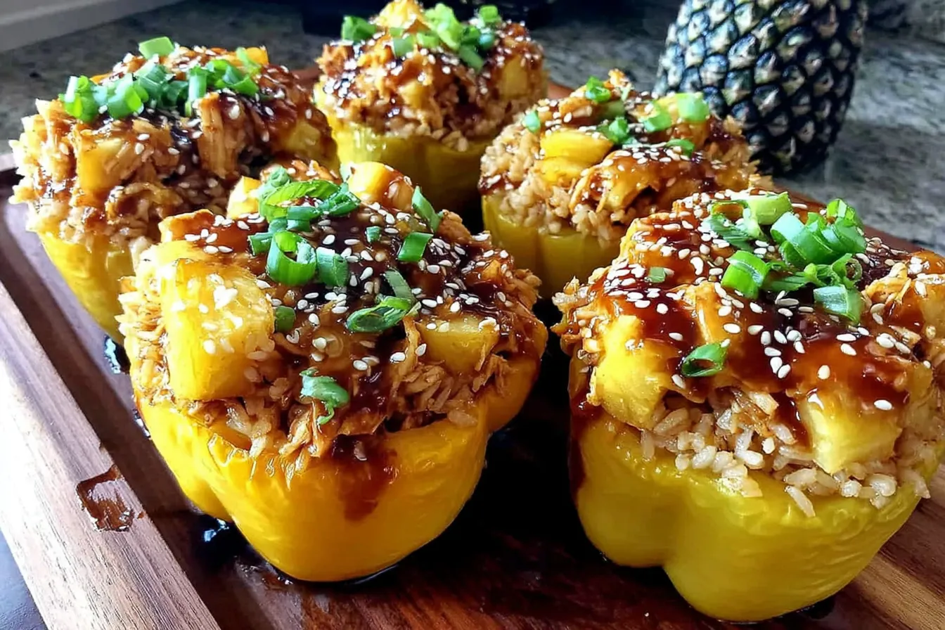 Teriyaki Pineapple Chicken and Rice Stuffed Peppers served on a wooden platter with pineapple chunks, sesame seeds, and chopped green onions