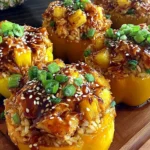 Teriyaki Pineapple Chicken and Rice Stuffed Peppers topped with sesame seeds, green onions, and glossy teriyaki sauce on a wooden board