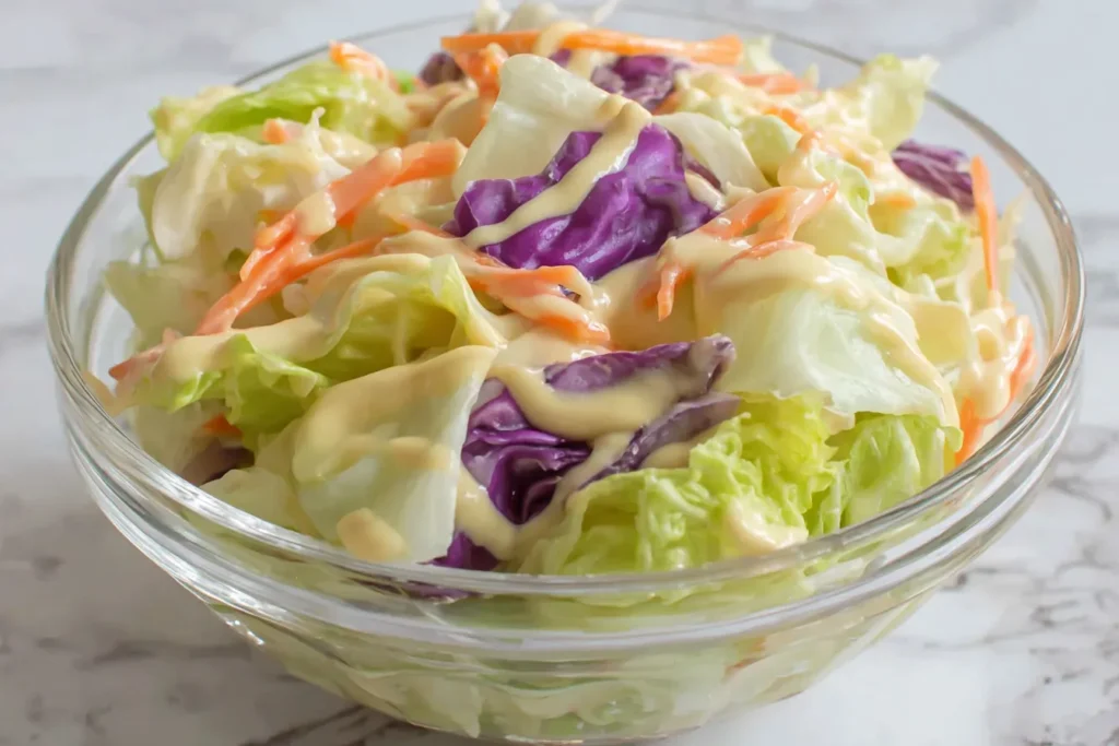 Teriyaki Salad Dressing drizzled over a fresh cabbage salad with carrots and purple cabbage