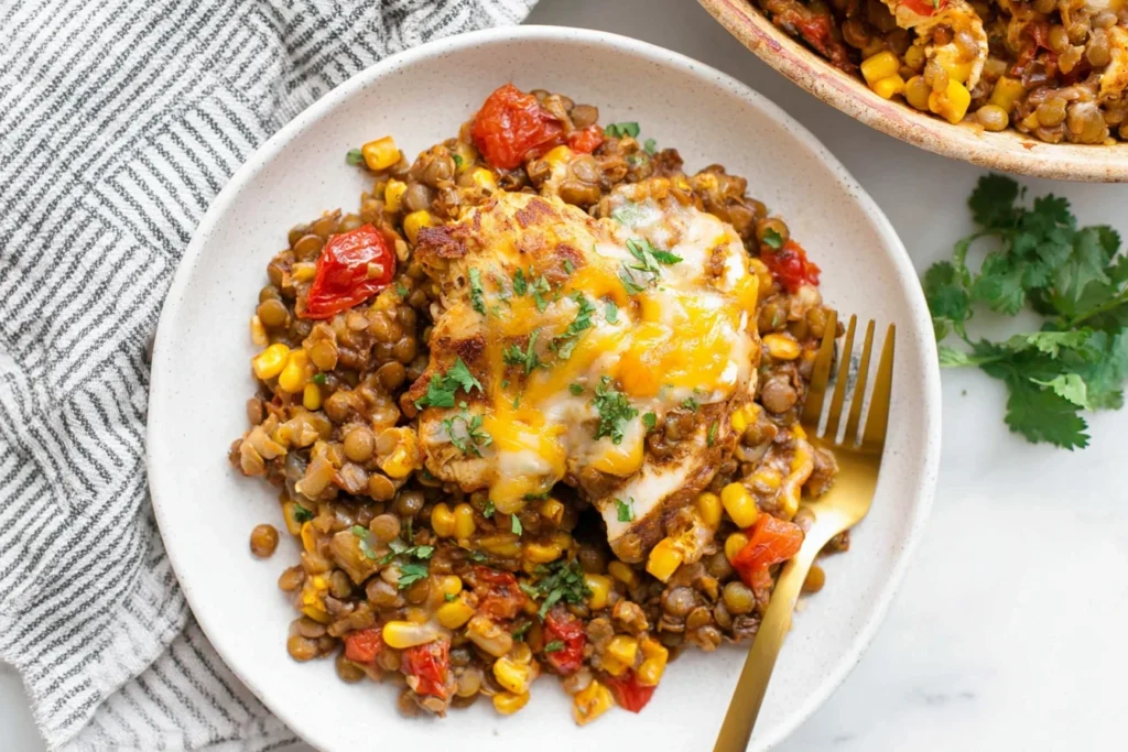 Tex Mex Chicken and Lentil Casserole serving on a plate with cheesy chicken, tender lentils, corn, tomatoes, and cilantro.