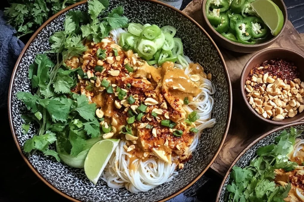 Thai Peanut Chicken Noodle Bowls with rice noodles, grilled chicken, creamy peanut sauce, cilantro, green onions, lime, and crushed peanuts in a bowl.