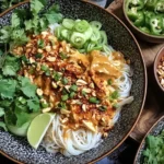 Thai Peanut Chicken Noodle Bowls with rice noodles, grilled chicken, creamy peanut sauce, cilantro, green onions, lime, and crushed peanuts in a bowl.