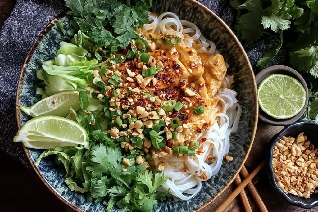 Thai Peanut Chicken Noodle Bowls with tender chicken, rice noodles, peanut sauce, cilantro, lime wedges, green onions, and crushed peanuts.