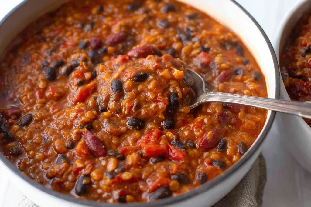 Lentil Chili close-up in a white bowl with red lentils, black beans, kidney beans, and tomatoes in a thick smoky tomato sauce.