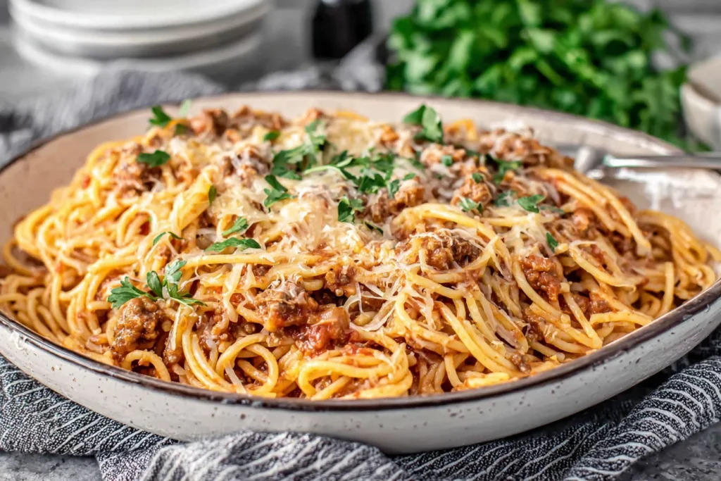 TikTok Spaghetti served in bowl with parsley and parmesan topping