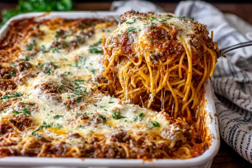 TikTok Spaghetti layered with Alfredo and meat sauce cheesy serving