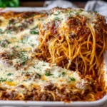 TikTok Spaghetti layered with Alfredo and meat sauce cheesy serving