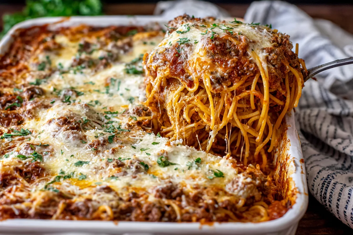 TikTok Spaghetti layered with Alfredo and meat sauce cheesy serving