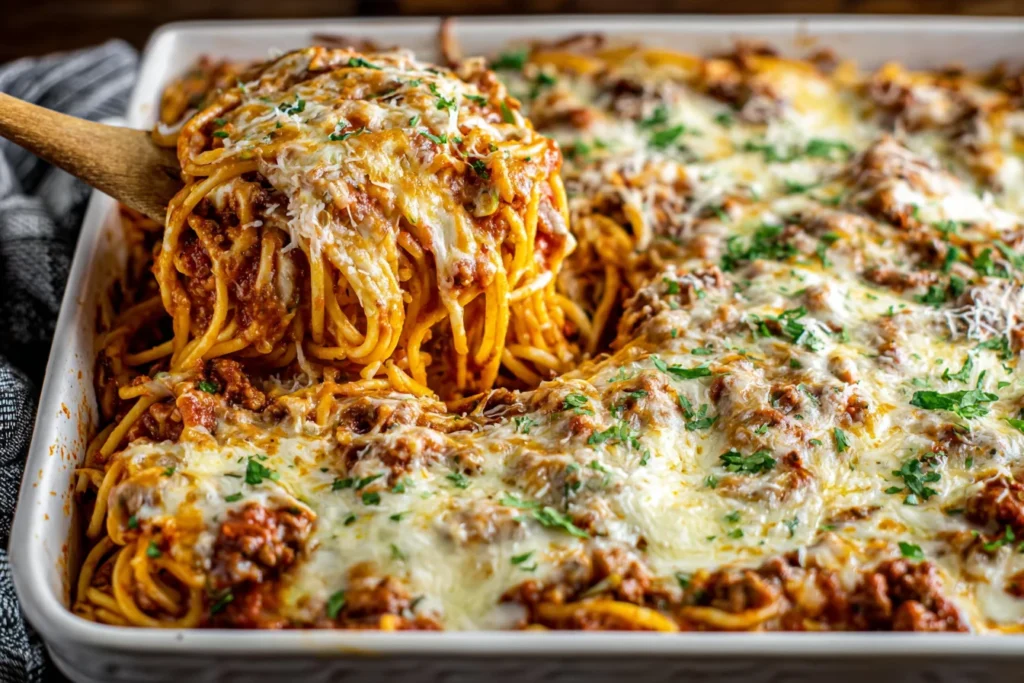 TikTok Spaghetti cheesy baked pasta being lifted from casserole dish