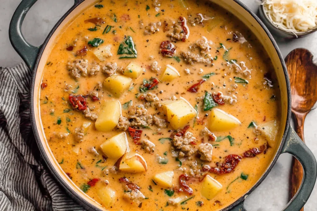 Tuscan Sausage and Potato Soup simmering in a Dutch oven with potatoes, sausage, and sun-dried tomatoes