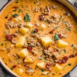 Tuscan Sausage and Potato Soup simmering in a Dutch oven with potatoes, sausage, and sun-dried tomatoes