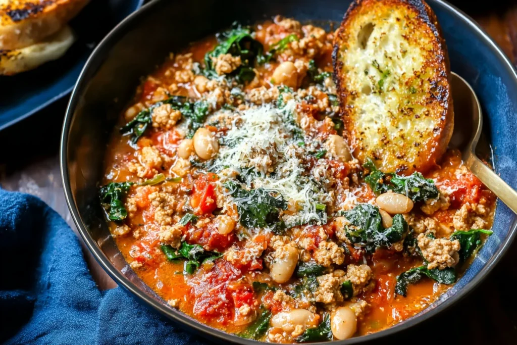 Tuscan Turkey and White Bean Skillet served in a bowl with creamy tomato sauce, kale, white beans, ground turkey, Parmesan, and toasted garlic bread.