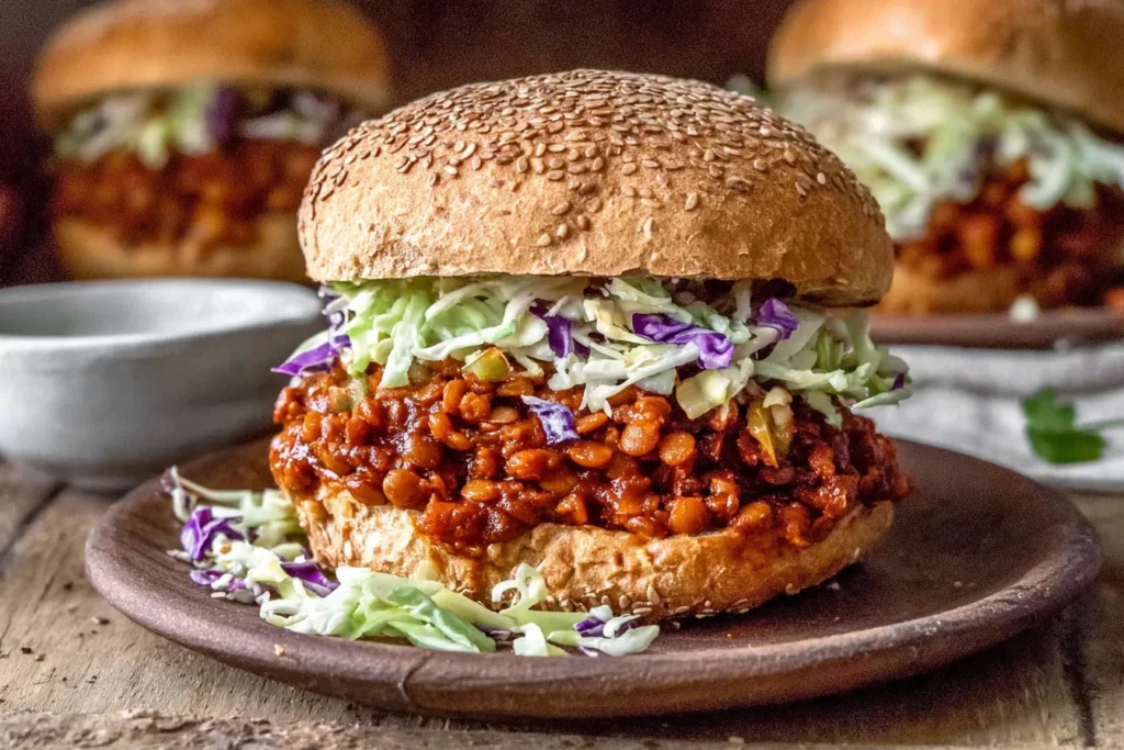 Vegan BBQ Lentil Sloppy Joes sandwich on a sesame bun topped with crunchy cabbage coleslaw and smoky barbecue lentils