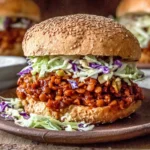 Vegan BBQ Lentil Sloppy Joes sandwich on a sesame bun topped with crunchy cabbage coleslaw and smoky barbecue lentils