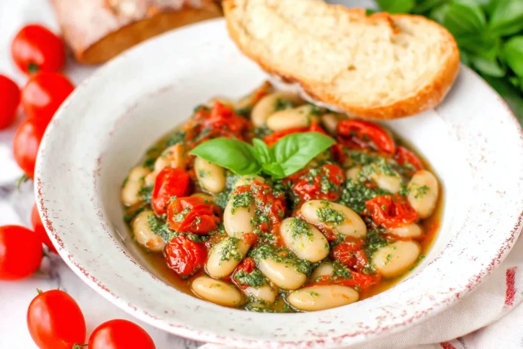 Bowl of Vegan Butter Beans with tomato and pesto, topped with fresh basil and served with toasted bread.