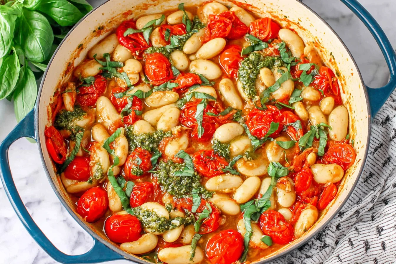 Vegan Butter Beans with tomato and pesto simmering in a skillet, topped with fresh basil and juicy cherry tomatoes.