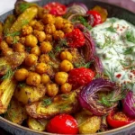 Vegan Mediterranean Roasted Vegetables Bowl with crispy potatoes, spiced chickpeas, roasted red peppers, caramelized red onions, and creamy herbed vegan yogurt sauce.