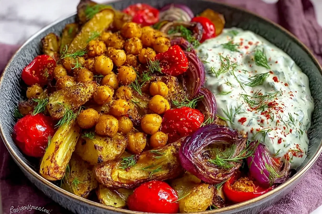 Vegan Mediterranean Roasted Vegetables Bowl with crispy potatoes, spiced chickpeas, roasted red peppers, caramelized red onions, and creamy herbed vegan yogurt sauce.