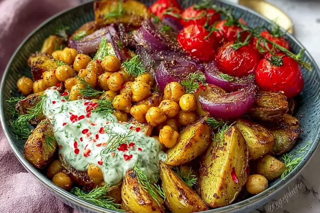 Vegan Mediterranean Roasted Vegetables Bowl with crispy roasted potatoes, spiced chickpeas, caramelized red onions, roasted cherry tomatoes, and creamy herbed vegan yogurt sauce.