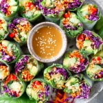 Homemade Vegetable Spring Rolls with Peanut Sauce arranged on a plate with fresh vegetables and sesame peanut dip