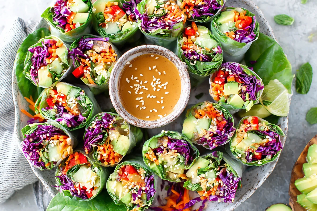 Homemade Vegetable Spring Rolls with Peanut Sauce arranged on a plate with fresh vegetables and sesame peanut dip