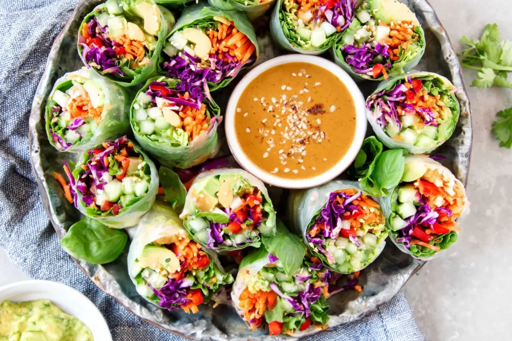 Vegetable Spring Rolls with Peanut Sauce served on a platter with fresh avocado, cabbage, carrots, cucumber and herbs