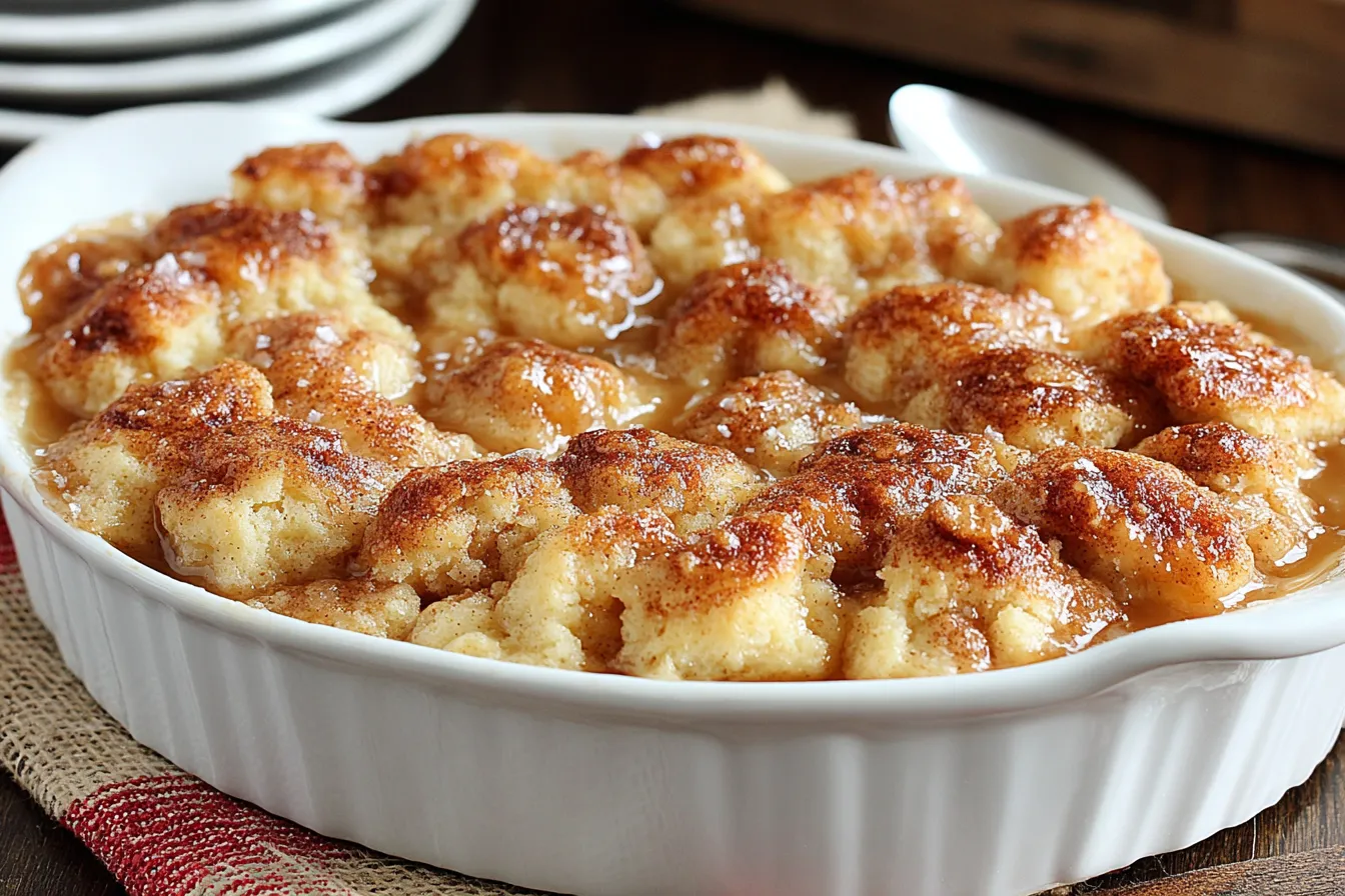 Warm and Gooey Snickerdoodle Cobbler Recipe with soft cinnamon biscuit topping and caramel sauce