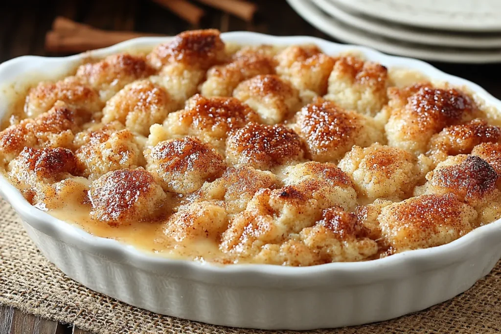 Warm and Gooey Snickerdoodle Cobbler Recipe baked in a white dish with cinnamon sugar topping and caramel sauce