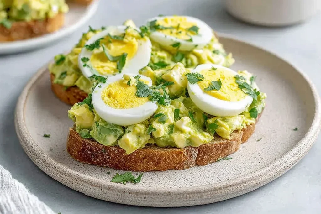 Zesty Avocado Egg Salad on toasted bread topped with sliced hard-boiled eggs and fresh parsley