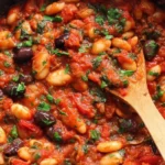 Puttanesca Butterbeans in a rich tomato sauce with olives, capers, and parsley simmering in a skillet