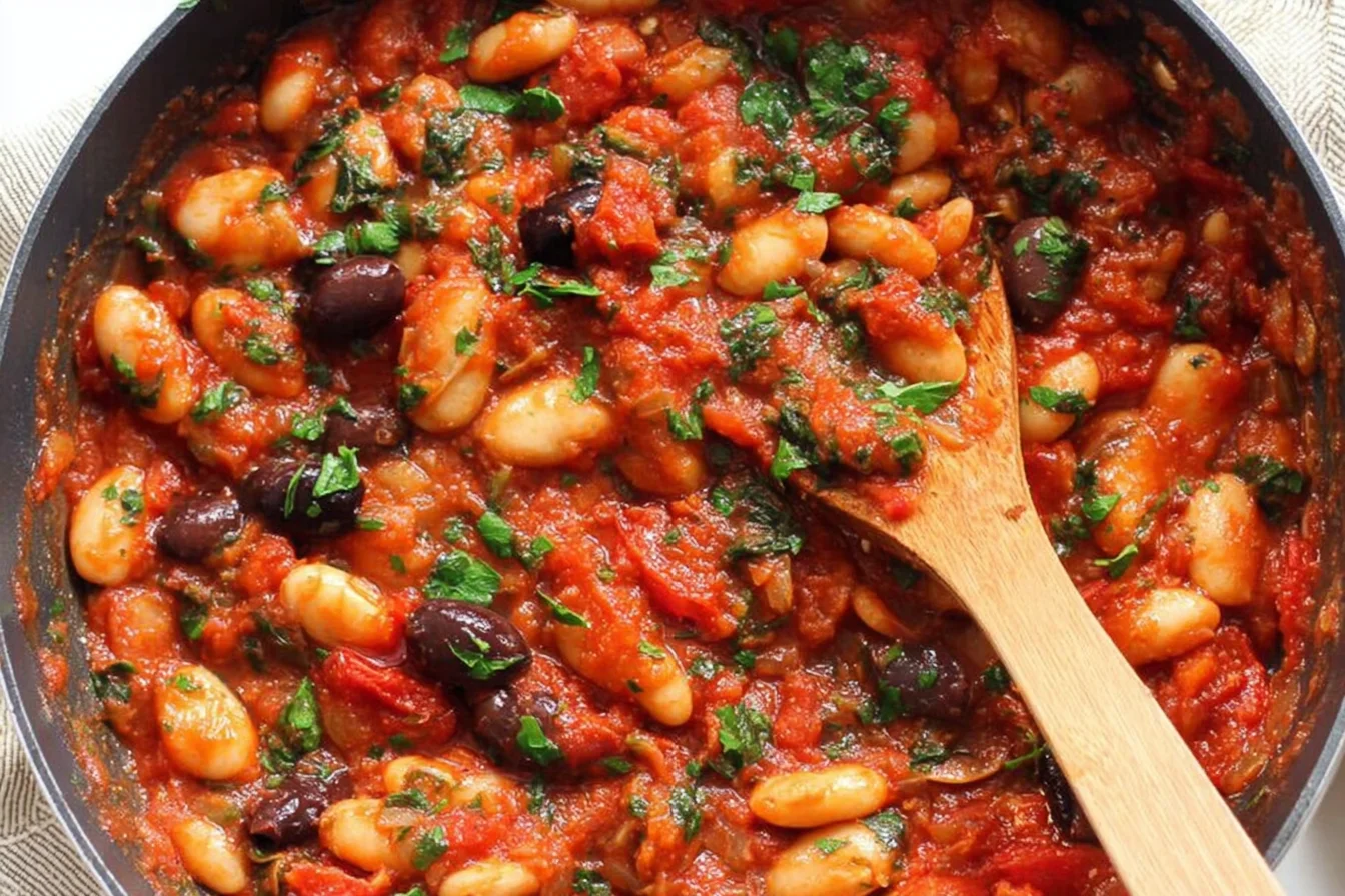 Puttanesca Butterbeans in a rich tomato sauce with olives, capers, and parsley simmering in a skillet