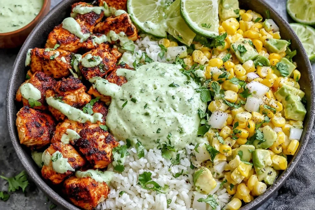 30-Minute Street Corn Chicken Rice Bowl topped with creamy sauce, lime wedges, and seasoned corn